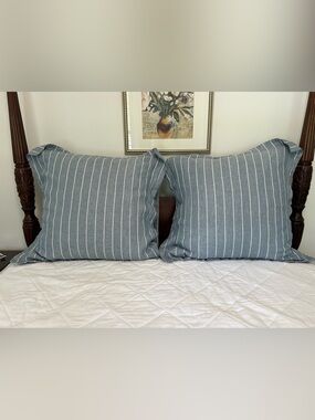 Pottery Barn Blue and White Pinstripe Pillow Shams 100% Linen